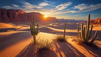 Desert Cactus Landscape at Sunset with Orange Sand Dunes photo