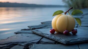 Fruit Still Life with Lake Background at Evening for Nature Theme photo