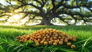 Pile of Roasted Chickpeas on Green Grass with Tree Background photo