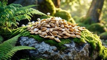 Pile of Seeds on Mossy Rock in Forest Setting Sunlight photo