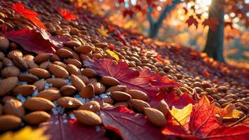 Almonds and Autumn Leaves on a Slope in Natural Light photo