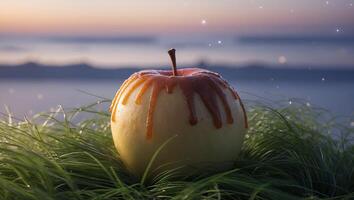 Apple with Caramel Drizzle Resting in Grass at Dusk Near Water photo