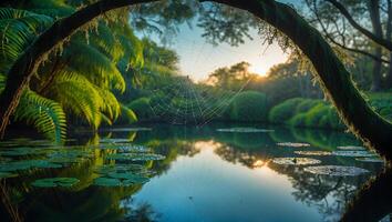 Spiderweb Over Calm Pond at Sunrise with Reflections and Ferns photo