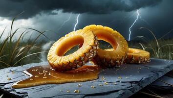 Pineapple Slices with Sweet Syrup on Slate Against Stormy Sky photo