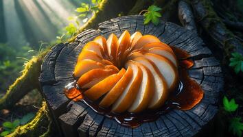Pear Slices with Caramel Arranged on Wooden Stump in Forest photo