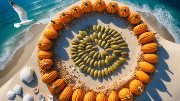 Autumn Harvest Display with Pumpkins and Seeds on Sandy Beach photo