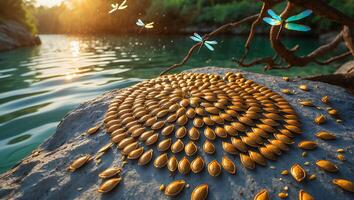 Arrangement of Seeds on a Rock with Dragonflies by Water photo