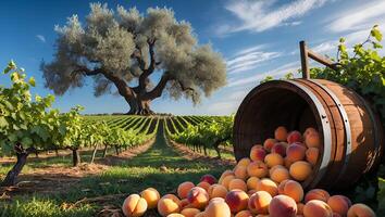 Overflowing Barrel of Peaches in Vineyard Landscape Under a Giant Tree photo