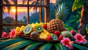 Tropical Fruit Platter with Pineapple Kiwi and Strawberry Sunset Backdrop photo