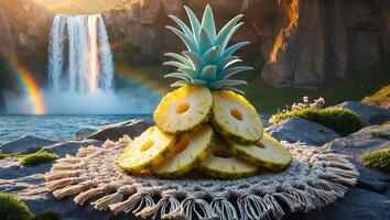 Pineapple Slices Stacked Near Waterfall with Rainbow and Natural Light photo