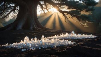 Crystals Display Near Large Tree with Sunlight Shining Through Branches photo