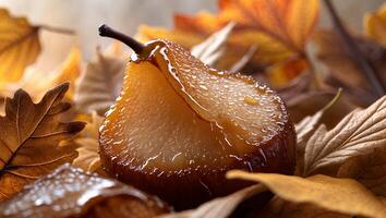 Caramelized Pear Half on Autumn Leaves Warm Dessert Concept photo