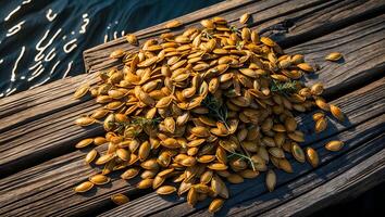 Pile of Roasted Seeds on Wooden Dock Near Water's Edge photo