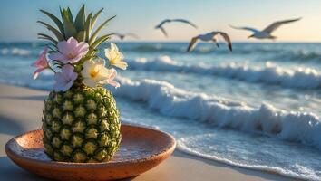 Pineapple with Flowers on Beach Sand with Ocean Waves photo