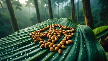 Scattered Seeds on Leaf with Water Droplets in Lush Forest photo