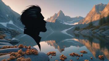 Silhouette Person at Mountain Lake with Reflections and Calm Water photo