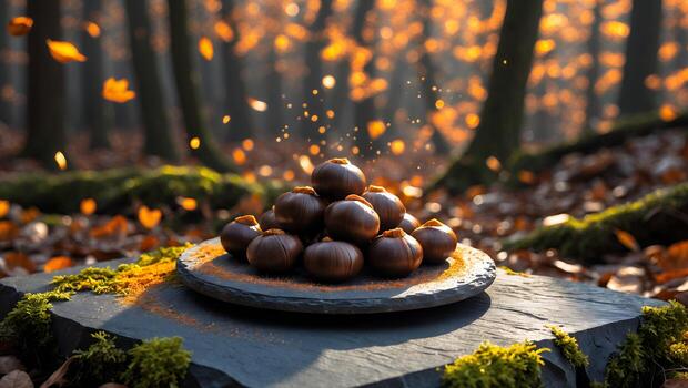 Arrangement of Shiny Round Candies on Stone Slab in Autumn Forest photo