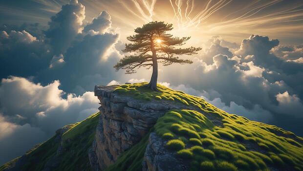 Lone Tree Silhouette Standing on Cliff Against Dramatic Cloudy Sky photo