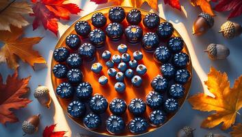 Arrangement of Blueberries and Acorns with Autumn Leaves Decoration photo