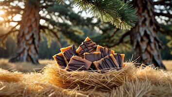 Chocolate Caramel Candy Pieces in Hay Nest with Forest Background photo