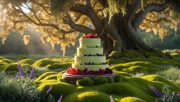 Elegant Four Tier Cake Displayed Outdoors on Moss with Large Tree photo