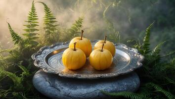 Golden Apples on Silver Tray in Foggy Fern Forest Scene photo