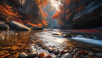 Flowing River Through Autumn Canyon with Orange Trees and Reflections photo