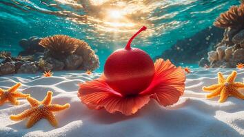 Red Cherry on Flower Underwater with Starfish and Sandy Seabed photo