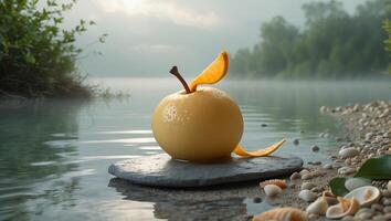 Yellow Apple with Orange Slice on Stone in Misty Lake photo