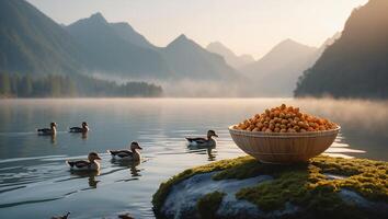 Bowl of Berries by Lake with Ducks and Misty Mountains Background photo