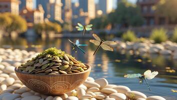 Pumpkin Seeds in Bowl with Dragonflies by Waterside City View photo