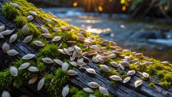 Seeds on Mossy Log by River with Sunlit Reflections photo