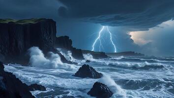 Lightning Storm Over Rocky Coastline with Crashing Waves and Dark Sky photo