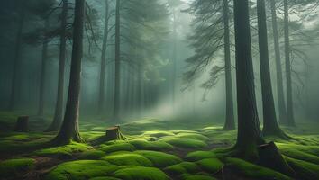Misty Forest Scene with Green Moss and Tall Tree Trunks photo