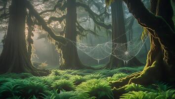 Exploring Misty Forest with Ferns and Spiderweb in Atmospheric Sunlight photo
