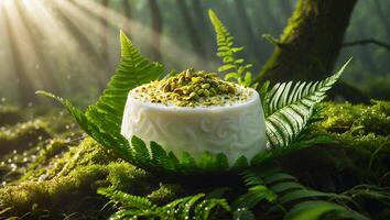 Dessert with Pistachios Resting on Ferns in a Forest Setting photo
