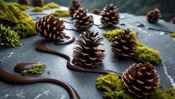 Arrangement of Pinecones with Moss and Liquid Trail on Stone Surface photo