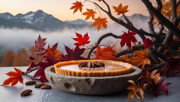 Serving Caramel Pie with Autumn Leaves and Mountain View photo