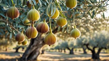 Fig Tree Branch with Ripening Figs in Orchard at Sunset photo