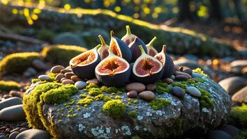 Figs Displayed on a Mossy Rock with Pebble Accents in Forest photo