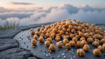 Pile of Toffee Candies on Stone Slab with Cloudy Sky View photo
