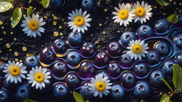 Arrangement of Fresh Blueberries and Daisies on Dark Textured Surface photo