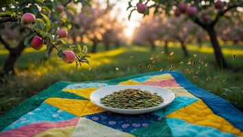 Plate of Seeds on Quilt in Orchard at Sunset with Bees photo