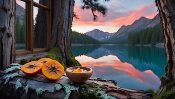 Persimmon Fruit and Honey Bowl Beside Lake at Sunset View photo