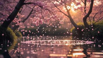 Falling Cherry Blossom Petals Floating on Water in Serene Landscape photo