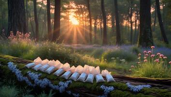Bags Lined on Mossy Log in Forest at Sunset photo