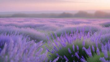 Lavender Field Blooming at Dusk with Soft Pink and Purple Hues photo