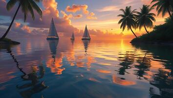 Sailing at Sunset Three Sailboats on Calm Water with Palm Trees photo