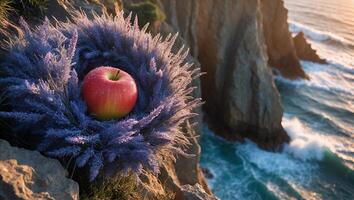 Apple Resting on Lavender Wreath by Ocean Cliff at Sunset photo