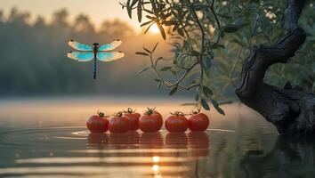 Dragonfly Flying Above Tomatoes Floating on Tranquil Water at Sunrise photo